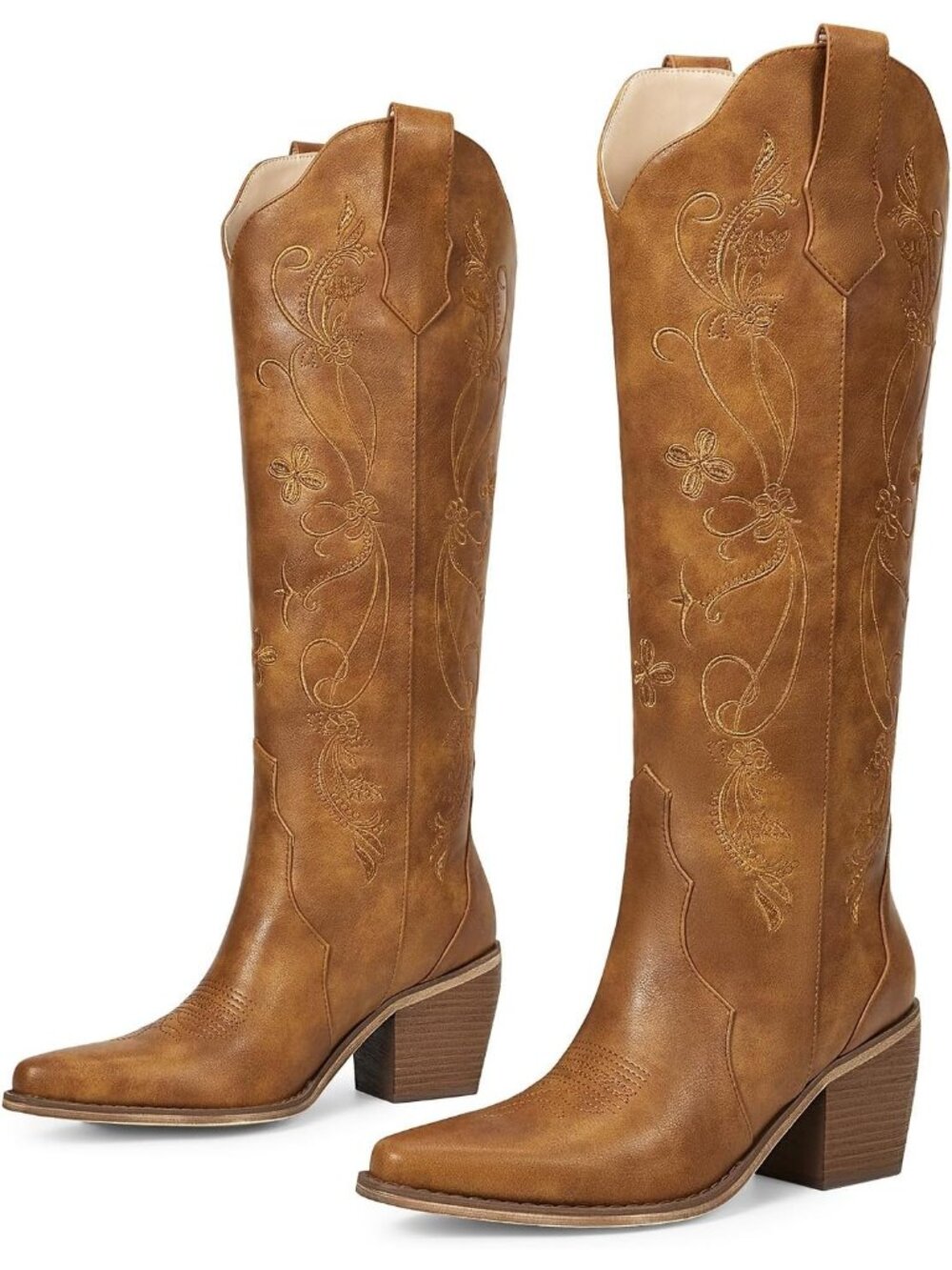 Women's Z-matte Brown Faux Leather Pointed Toe Cow girl Cowboy Boot